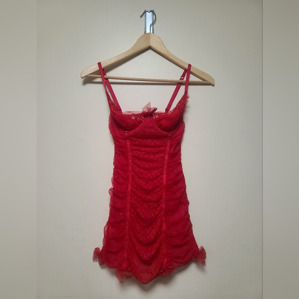 Victoria Secret Vintage Red Ruched Lace Sheer Babydoll Lingerie Dress 36c